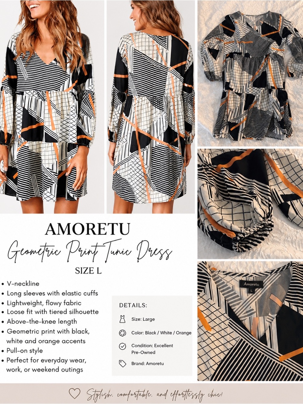 Black White & Orange Geometric Mini Dress